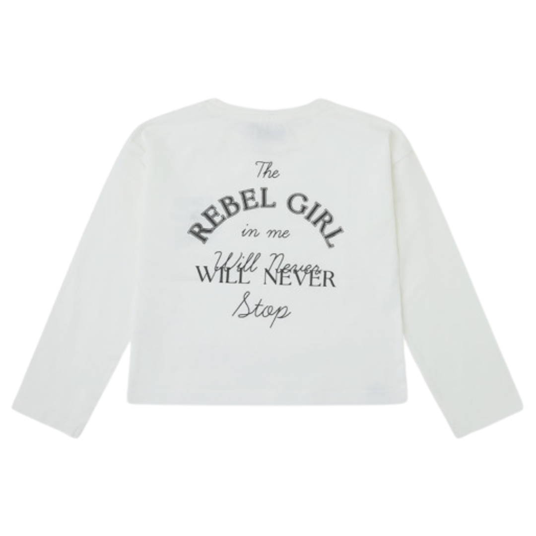 Camisola branca de manga comprida com texto preto nas costas