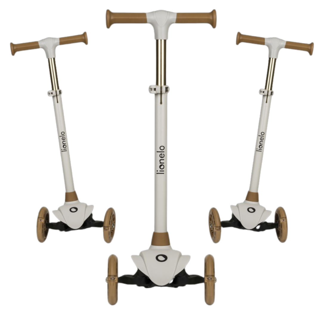 Triciclo patinete branco e castanho com três rodas translúcidas e texto 'lionelo' na haste central