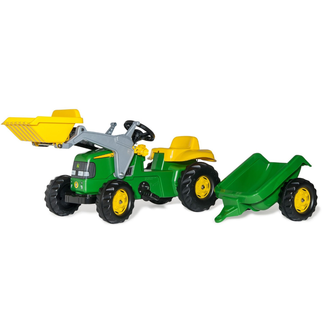 Brinquedo de trator verde com reboque e pá amarela