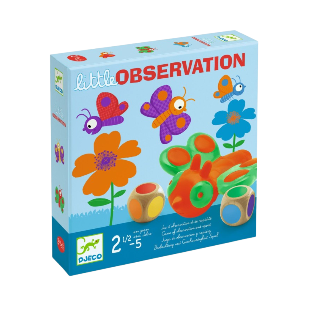Embalagem de jogo infantil Little Observation azul com flores, borboletas coloridas e peças de jogo coloridas