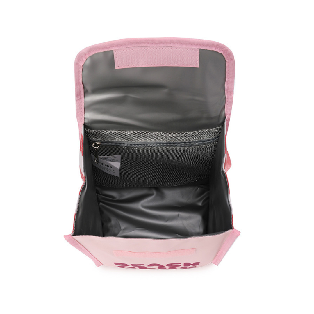 Mala ou bolsa rosa aberta mostrando interior cinzento e bolso de rede preto