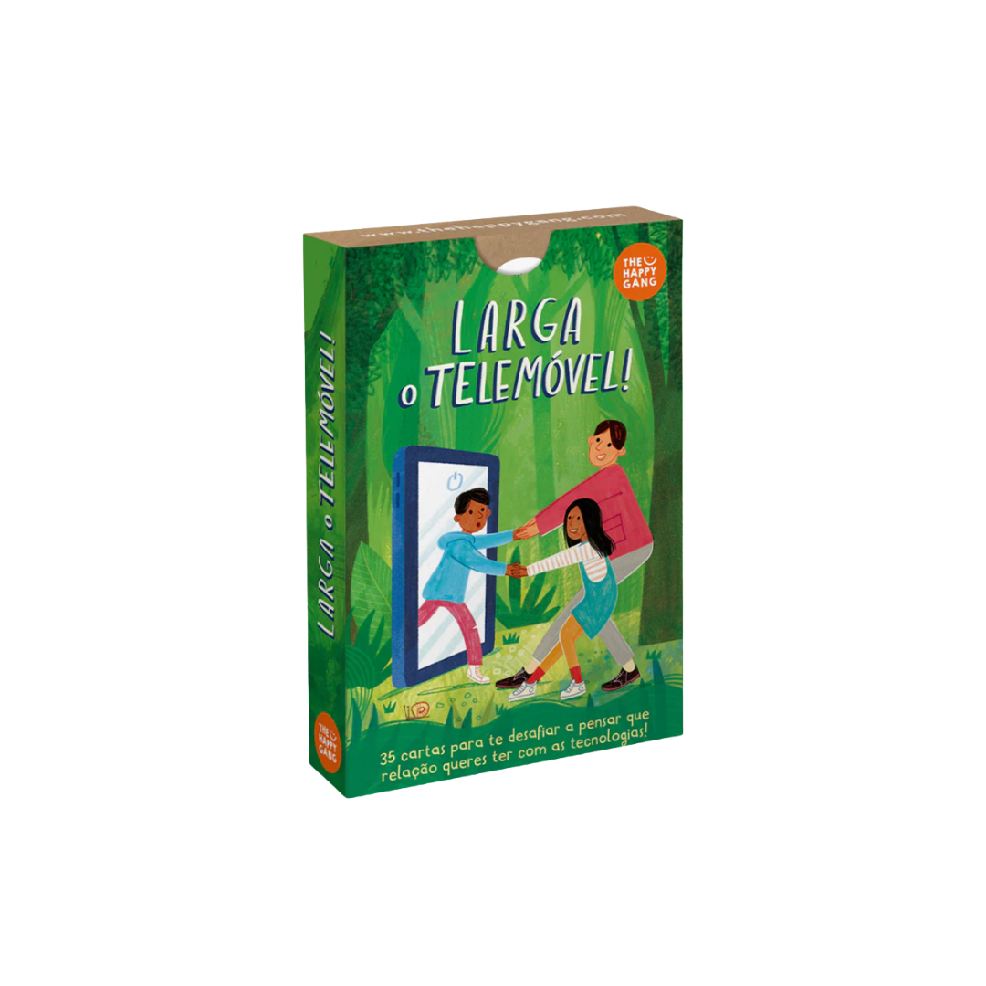 Caixa de jogo de cartas verde LARGA o TELEMÓVEL! com ilustração de crianças e telemóvel