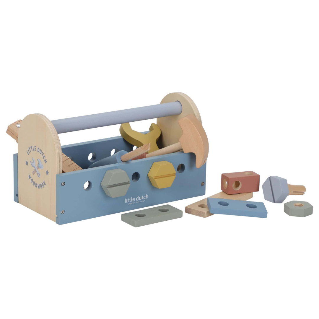 Conjunto de ferramentas infantis em madeira colorida com caixa azul