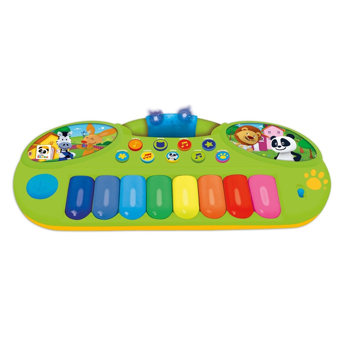 Piano musical infantil verde com teclas coloridas e imagens de animais