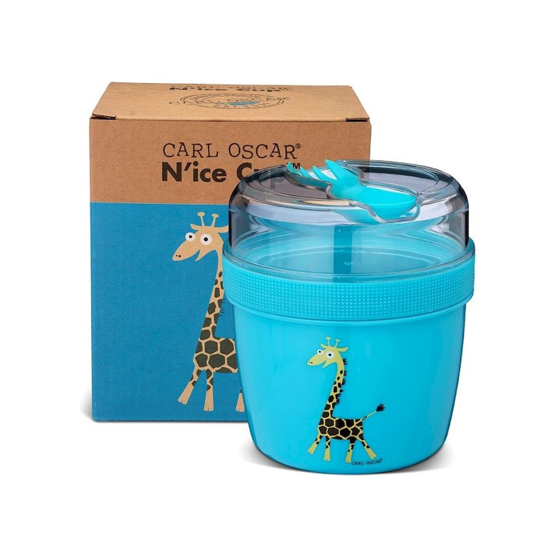 Recipiente azul com tampa transparente e desenho de girafa