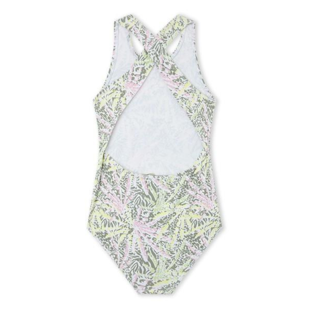 Fato de banho infantil com padrão floral pastel e costas cruzadas
