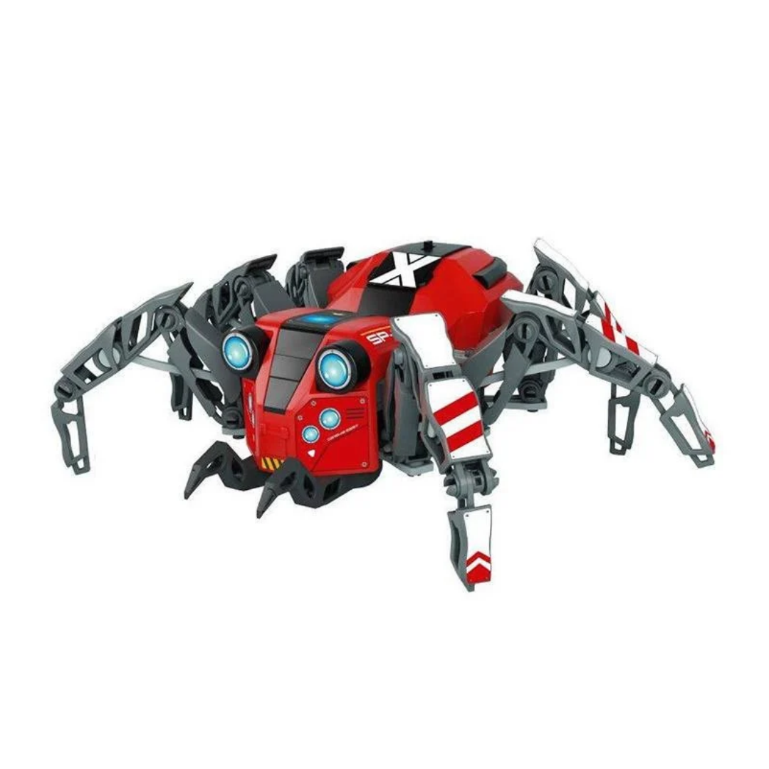 Robô em forma de aranha vermelho com pernas cinzentas e olhos azuis