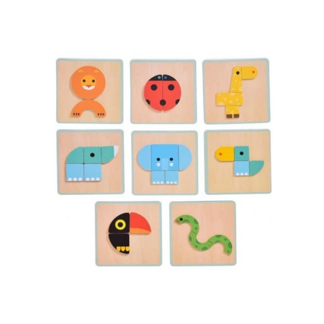 Set de blocos de madeira com imagens geométricas coloridas de vários animais.