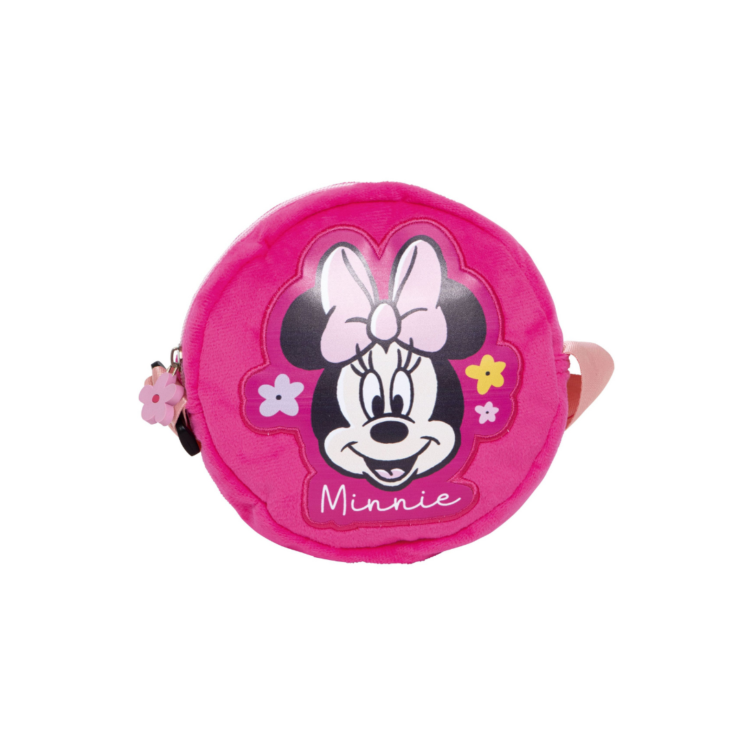 Mala redonda infantil cor-de-rosa com estampa da Minnie e alça rosa claro