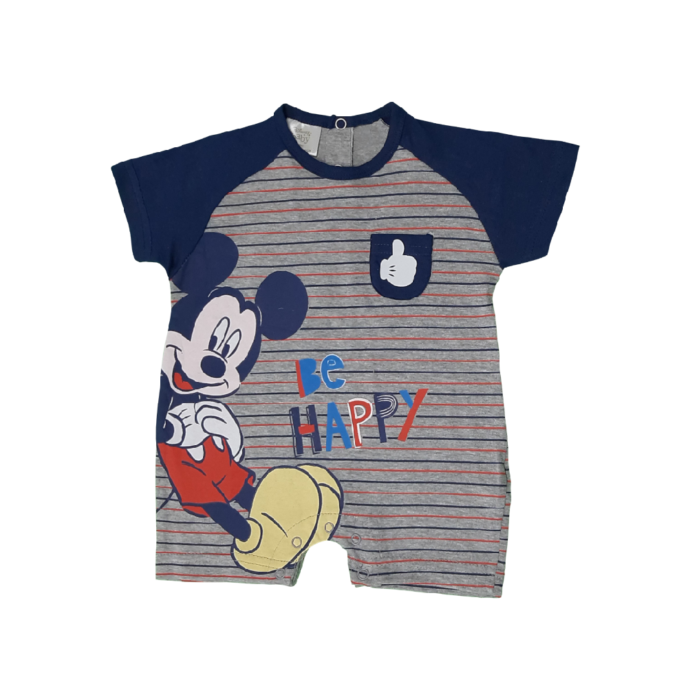 Macacão curto para bebé com estampa do Mickey Mouse e texto colorido.