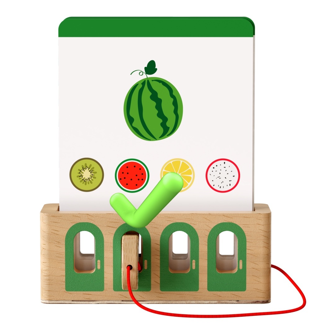 Brinquedo educativo em madeira com cartões de frutas e visto verde