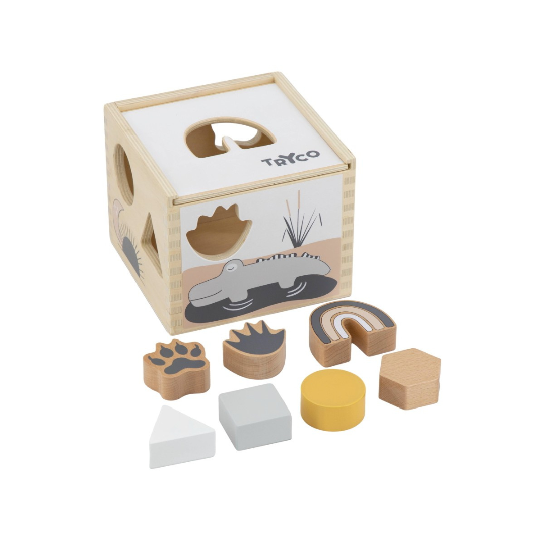 Brinquedo educativo de encaixe de madeira com peças coloridas e tampa branca