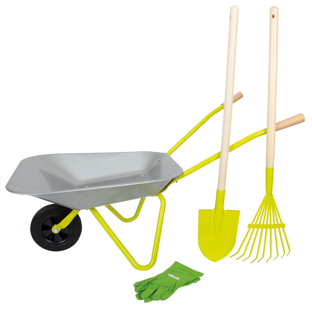 Conjunto de ferramentas de jardim com carrinho de mão, pá, ancinho e luvas