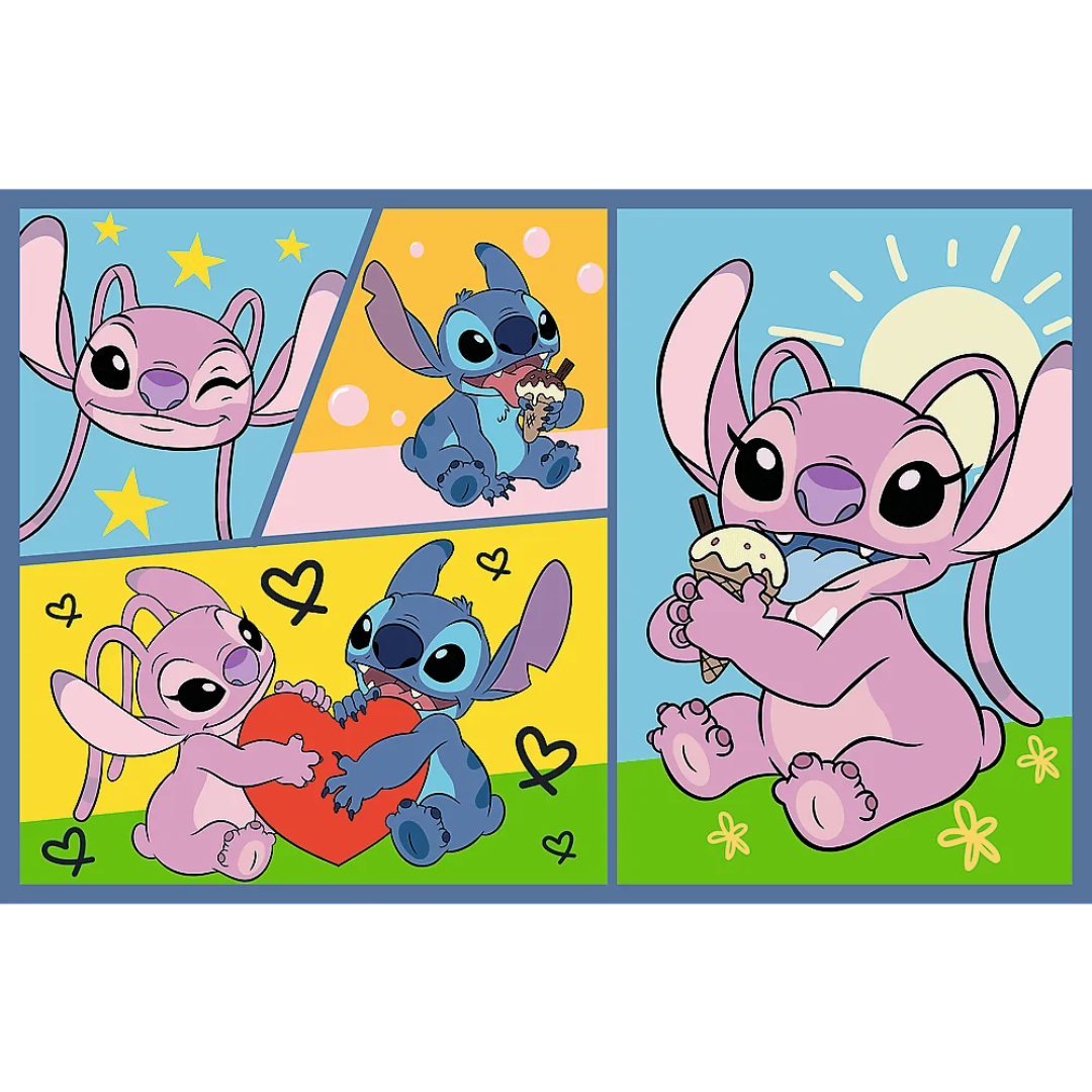 Ilustração cartoon colorida de personagens Stitch e Angel em várias cenas felizes.
