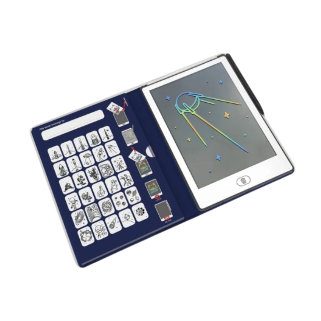 Jogo educativo de fio e cartão em formato tablet com desenhos e fios coloridos