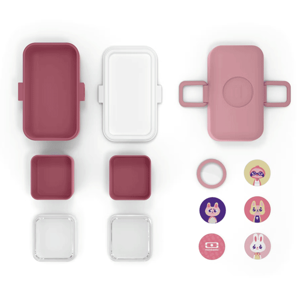 Conjunto de recipientes plástico rosa e branco com tampas transparentes e adesivos coloridos