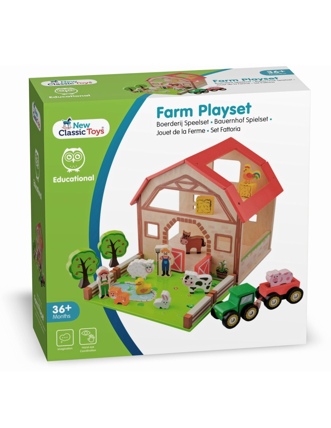Caixa de brinquedo Farm Playset com celeiro vermelho, animais e trator verde para crianças a partir de 36 meses.