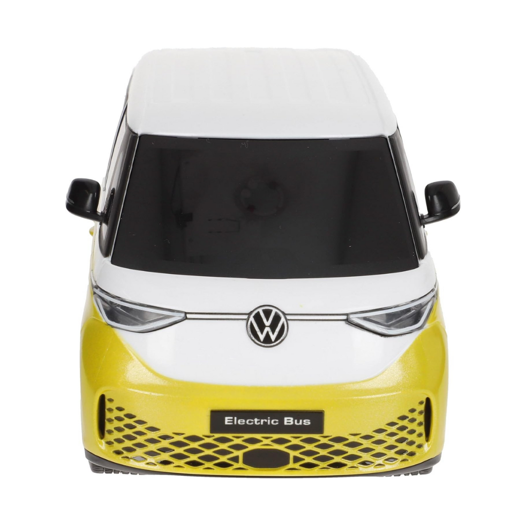 Miniatura de autocarro elétrico Volkswagen branco e amarelo