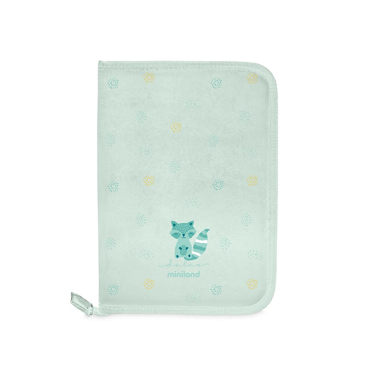 Capa protetora verde claro com desenho de guaxinim azul e pontos coloridos