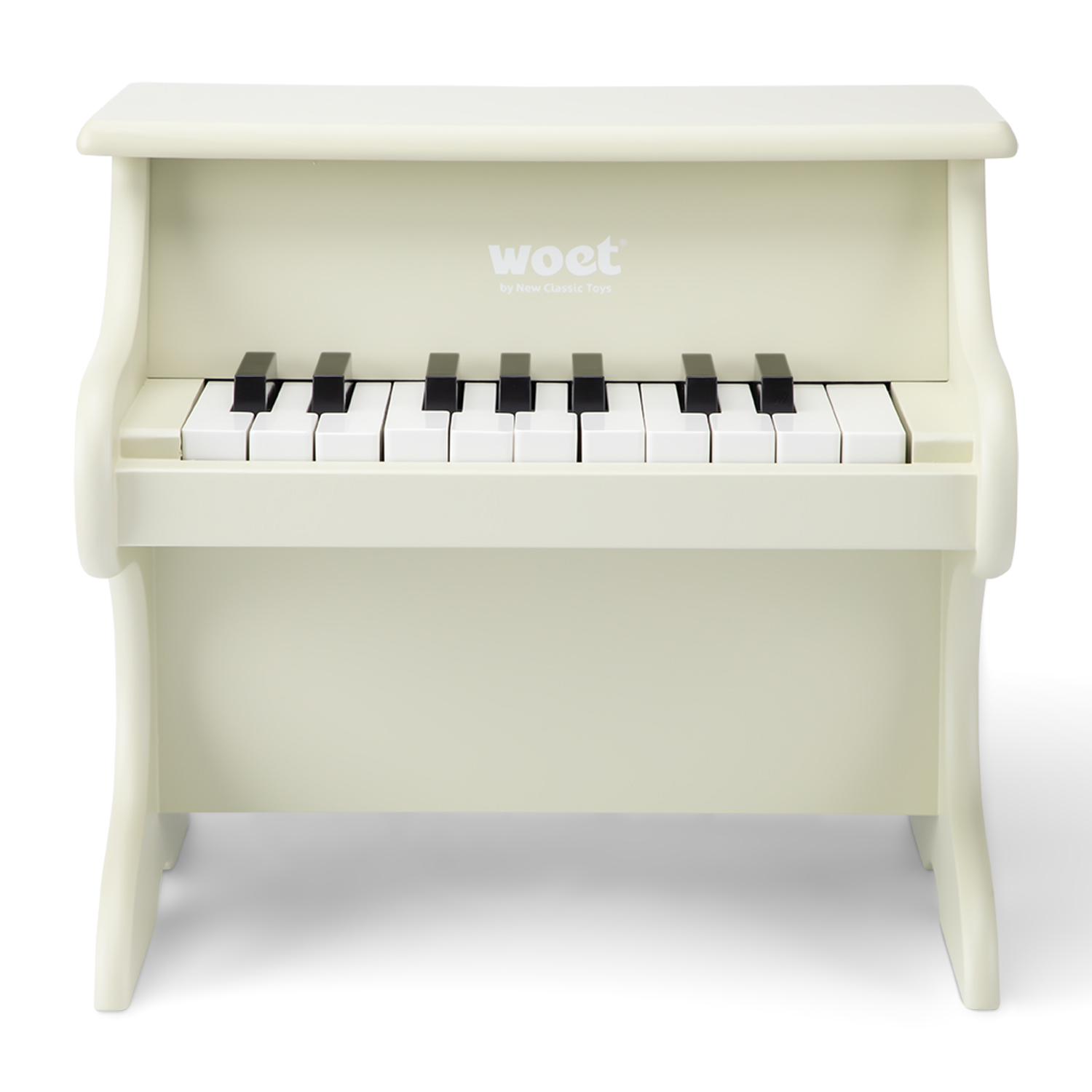 Piano de brinquedo creme com teclas pretas e brancas e marca woet