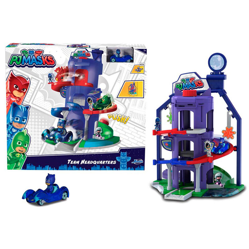 Brinquedo PJ MASKS Team Headquarters com torre roxa e carrinho azul
