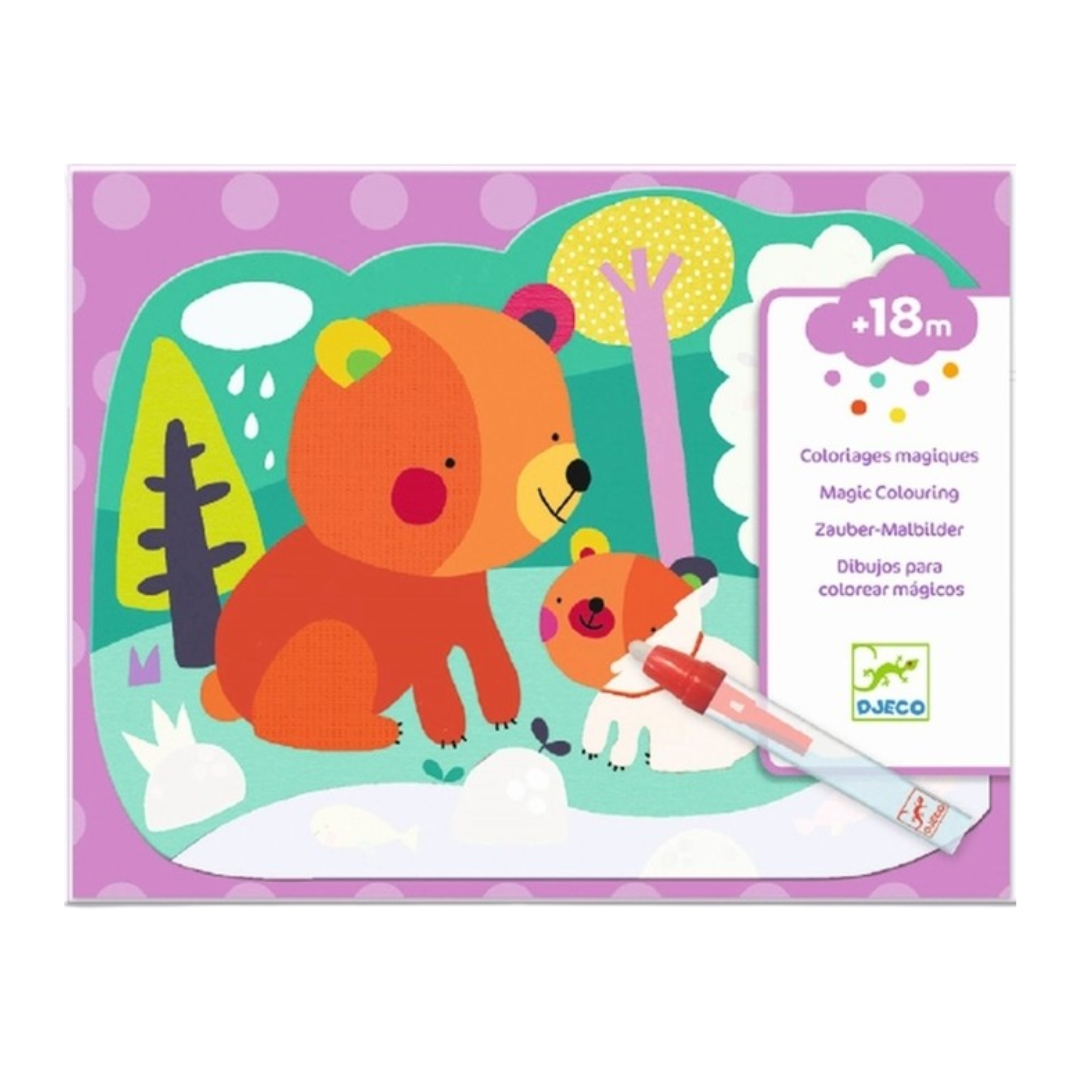 Livro de colorir com ursos em fundo lilás e marcador.