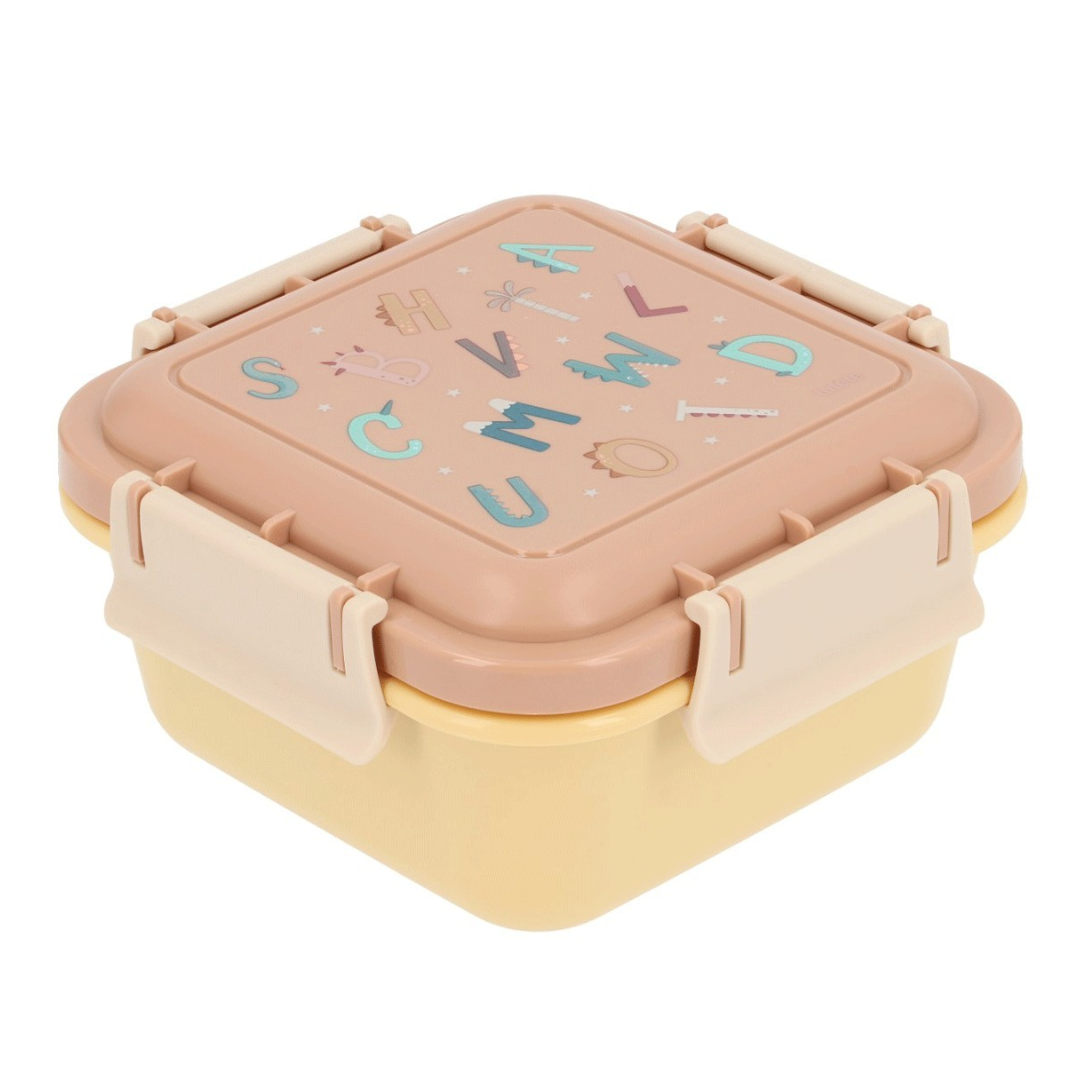 Caixa quadrada de plástico bege com tampa rosa e letras coloridas