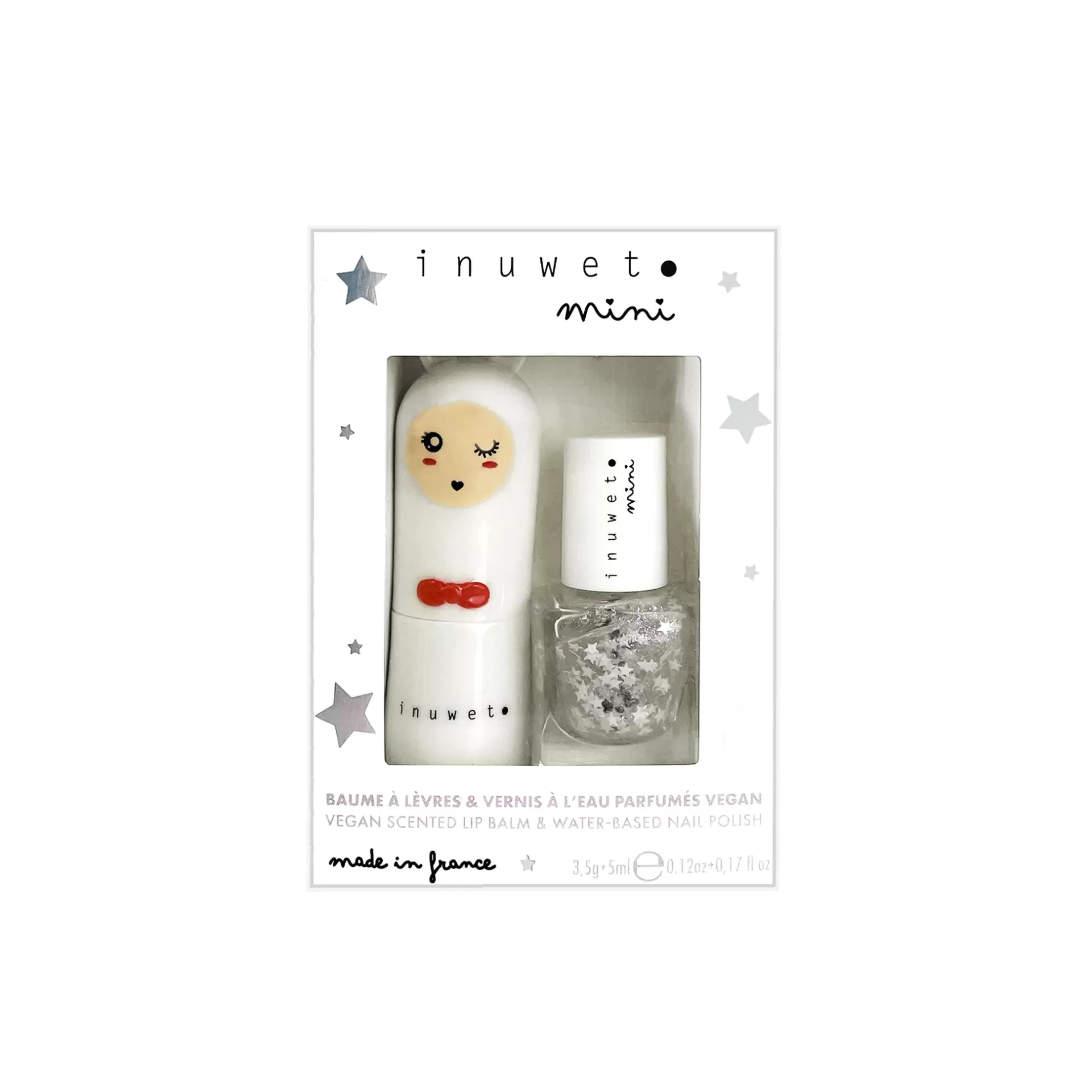 Conjunto inuwet mini bálsamo labial e verniz de unhas vegano em embalagem branca com estrelas.