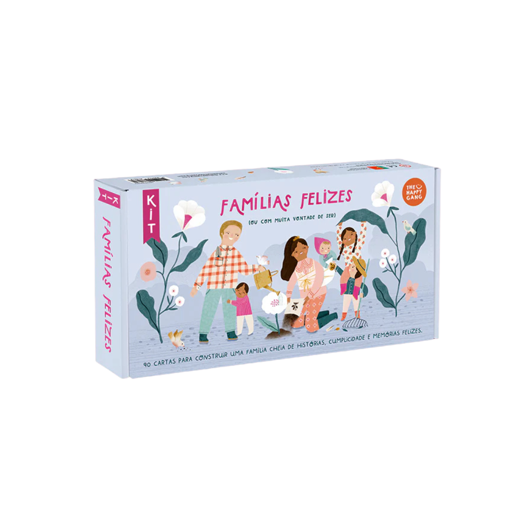 Caixa de kit Família Felizes com ilustração de família e flores