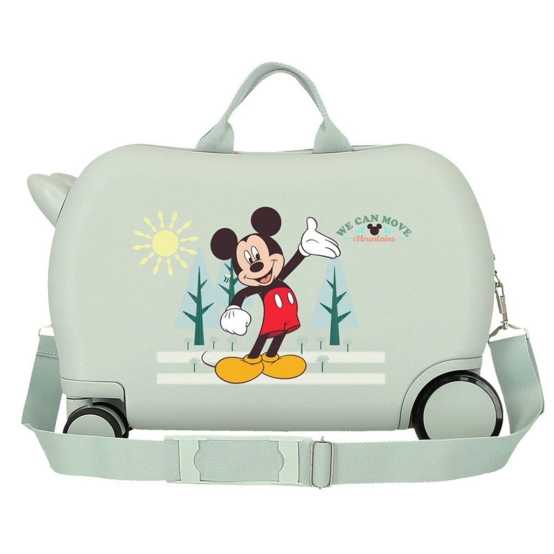 Mala infantil azul clara com roda e alça com imagem de Mickey Mouse e texto WE CAN MOVE Mountains