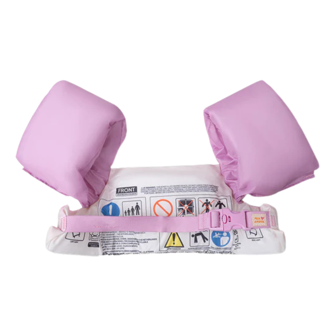 Dispositivo de bóia para crianças cor-de-rosa e branco com cintos ajustáveis e instruções visíveis