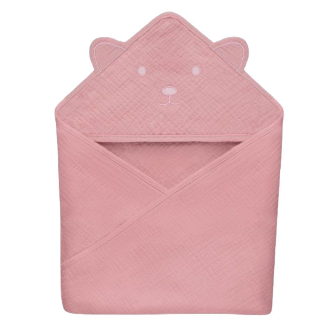 Toalha de bebé rosa com capuz e bordado de urso