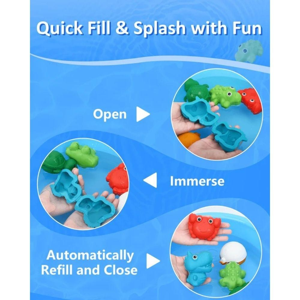 Brinquedos de banho coloridos em forma de animais aquáticos com texto em inglês sobre funcionamento