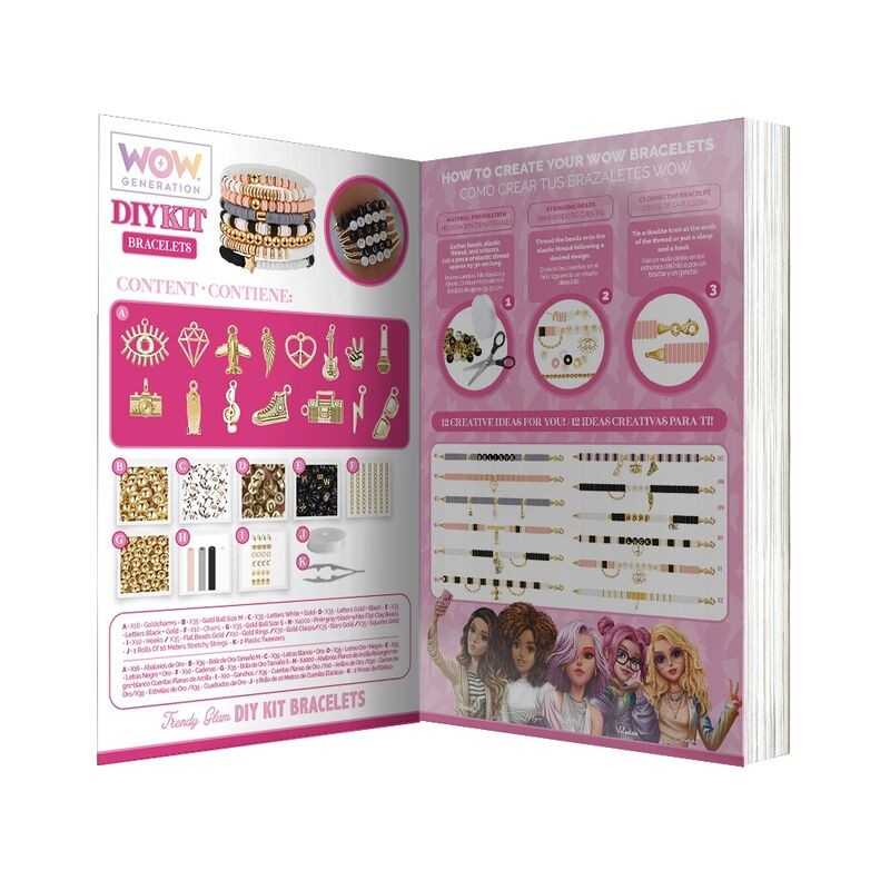 Instruções e conteúdos para criação de pulseiras DIY com contas e moldes coloridos e ilustrações de personagens femininas.