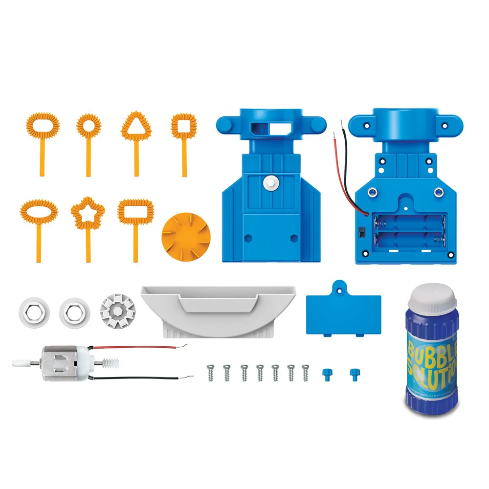 Conjunto de peças plásticas e mecânicas para montagem com varinhas de bolhas e frasco de solução de bolhas