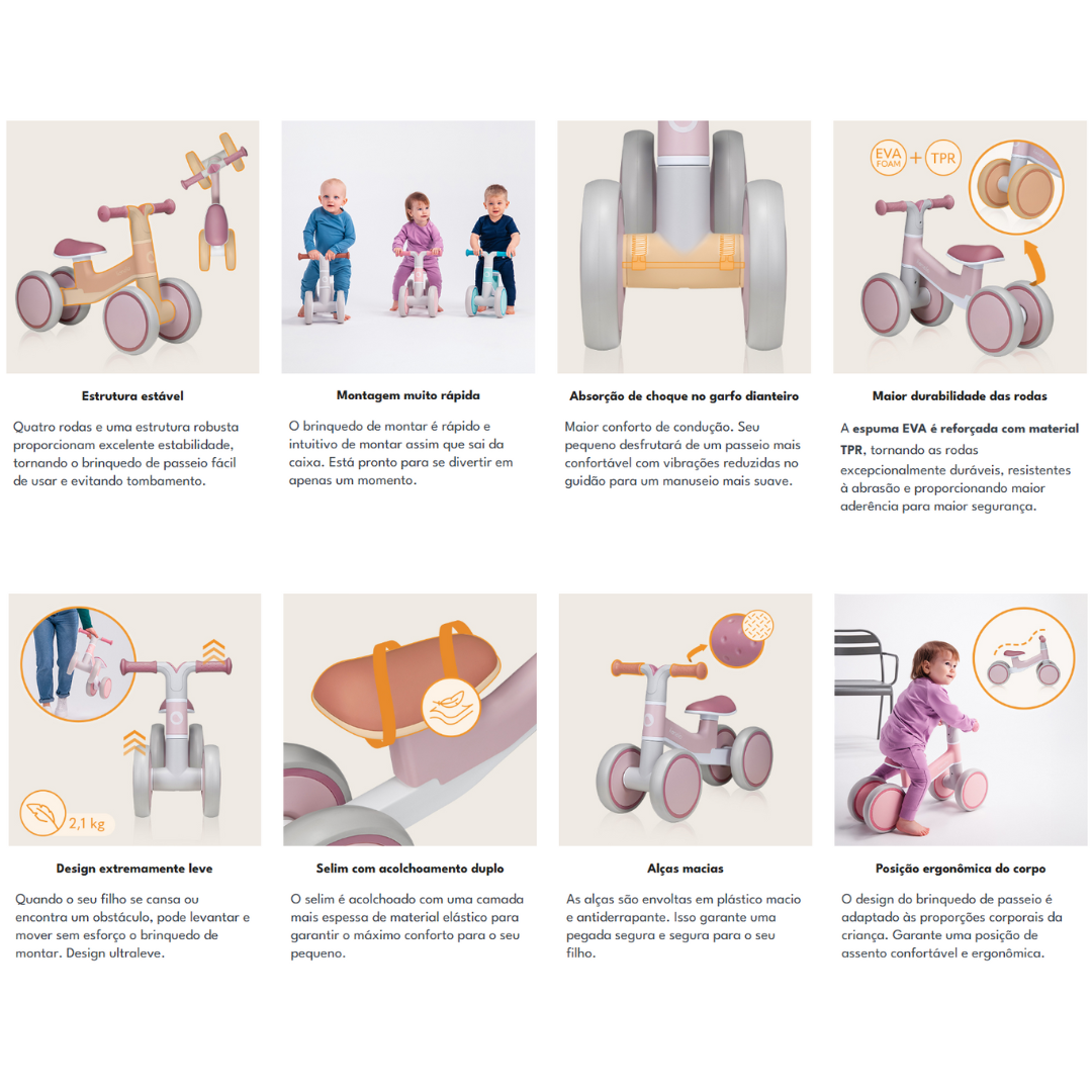 Cavalinho infantil em madeira clara, rosa e cinza com alças e selim acolchoado