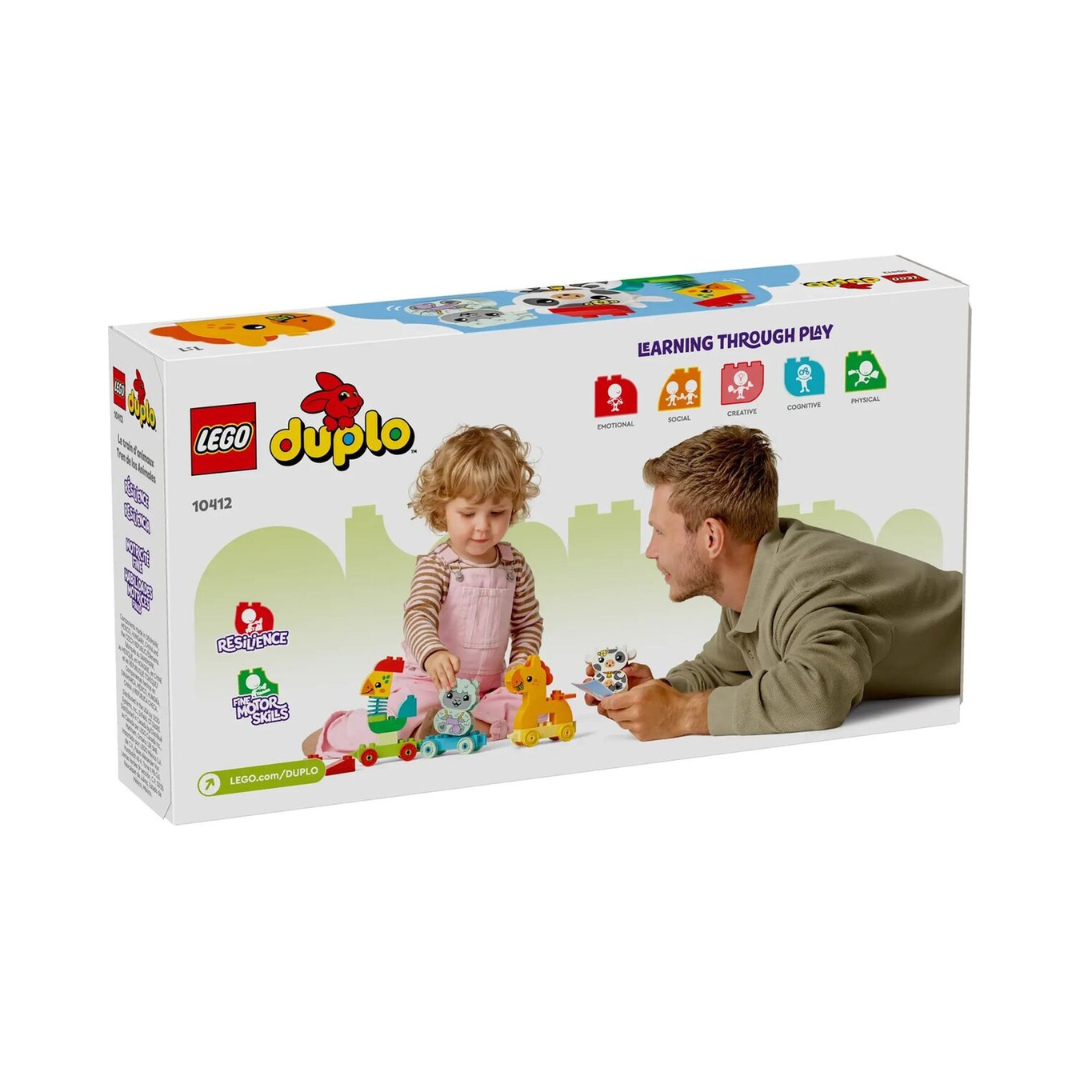Caixa de brinquedo LEGO Duplo 10412 com crianças a brincar com comboio de blocos coloridos e animais