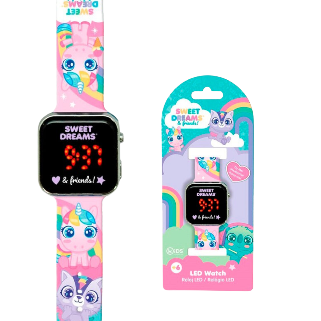 Relógio LED infantil cor-de-rosa com unicórnios e embalagem temática