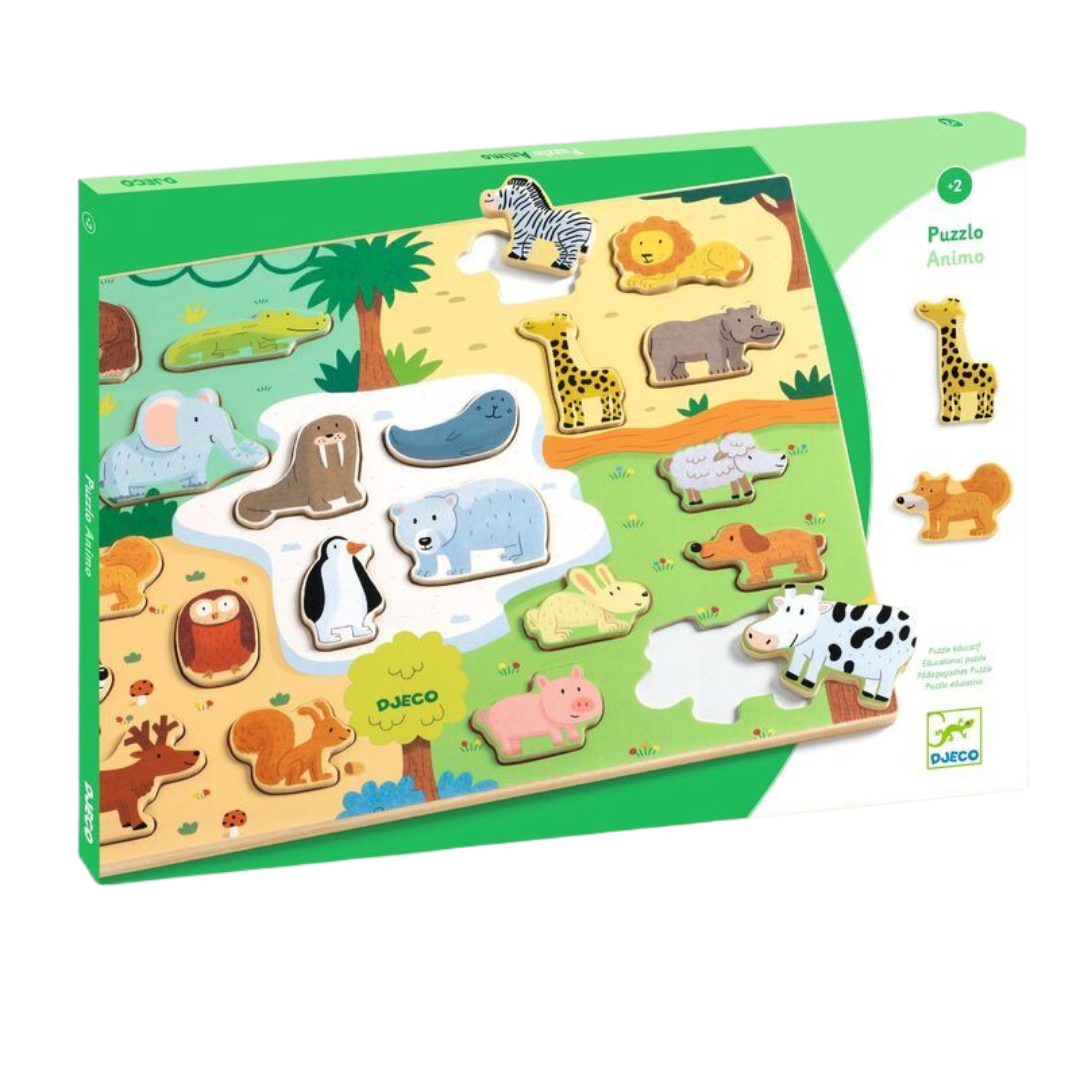 Puzzle em madeira com peças de animais coloridos e caixa verde e branca