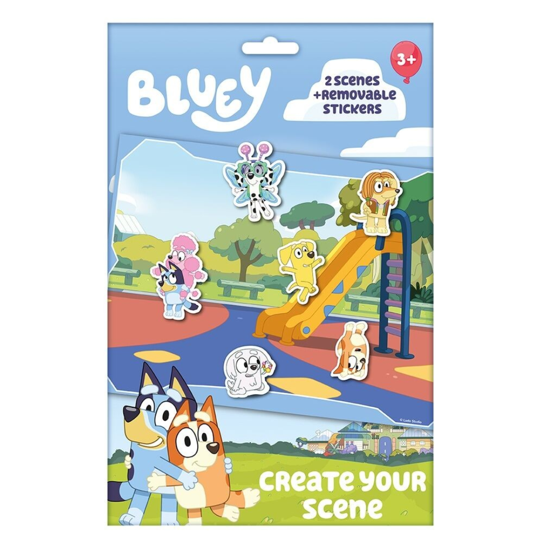 Embalagem do produto Bluey com cenário e autocolantes