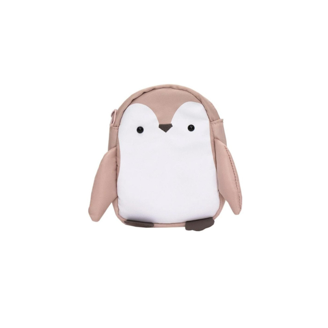 Mochila infantil formato pinguim bege e branco