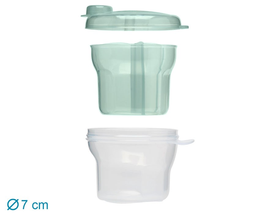 Dois recipientes plásticos transparentes, um verde claro com tampa e outro branco translúcido, diâmetro 7 cm