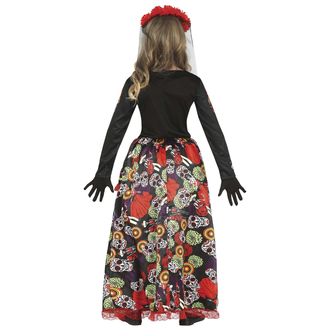 Vestido infantil preto com saia estampada floral e caveiras, luvas pretas e coroa vermelha