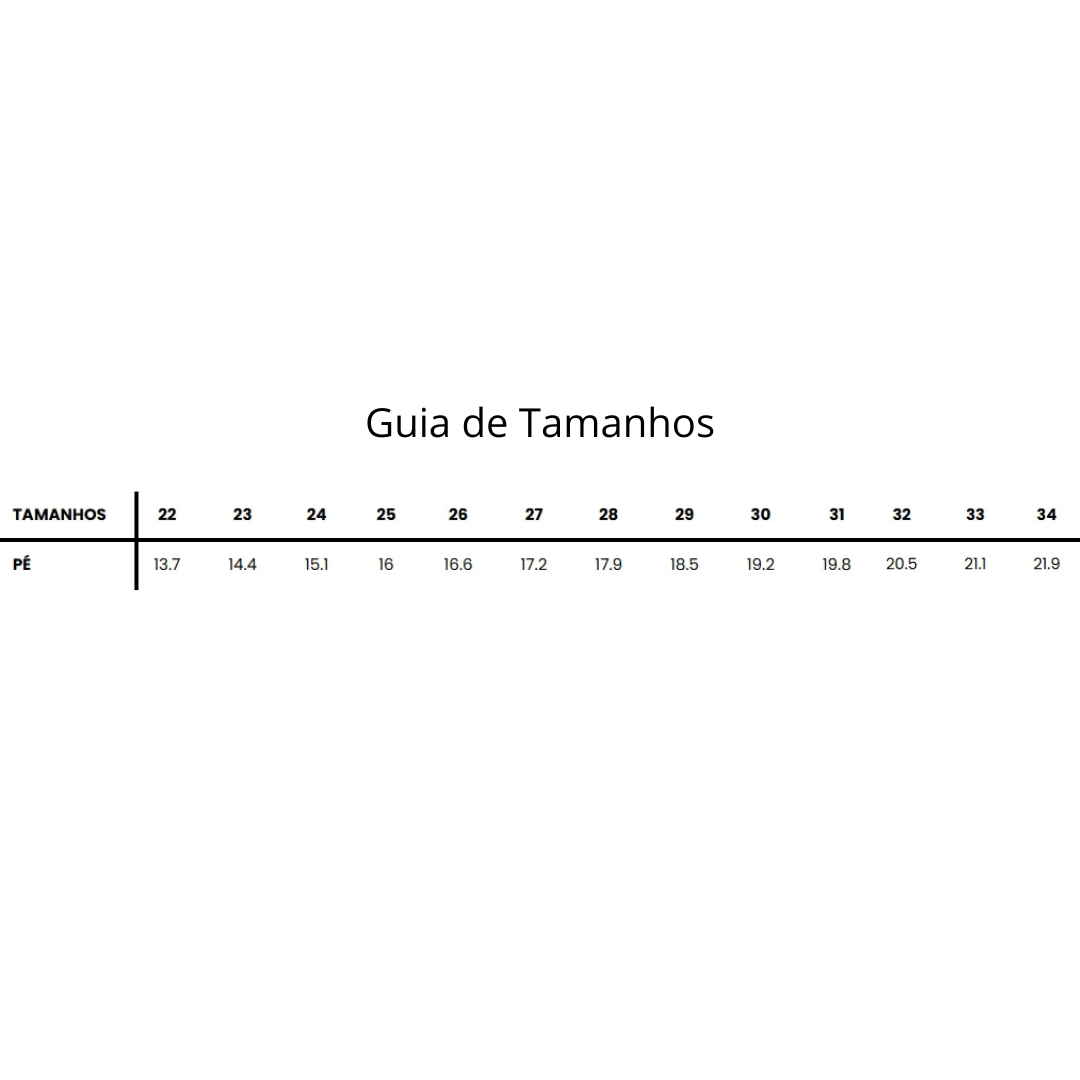 Guia de tamanhos com medidas de pé em centímetros de 13.7 a 21.9 para tamanhos 22 a 34.