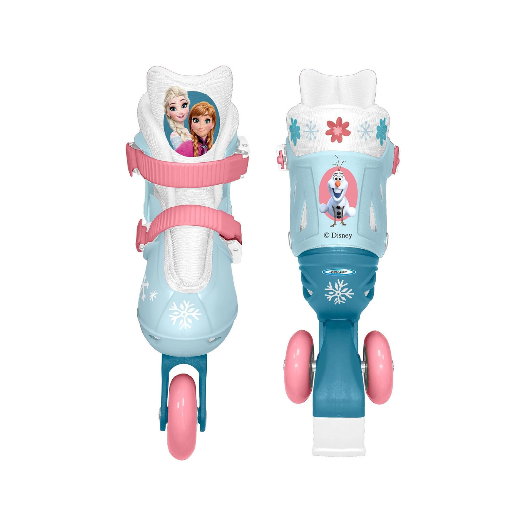 Patins infantis azuis e rosa com personagens Disney e flocos de neve