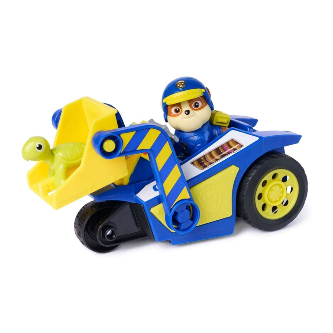 Brinquedo carrinho construção azul amarelo com figura cão polícia e tartaruga.