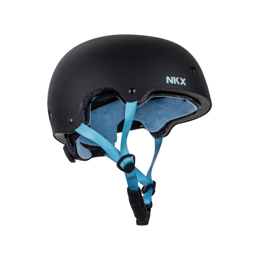 Capacete preto com interiores e correias azuis NKX