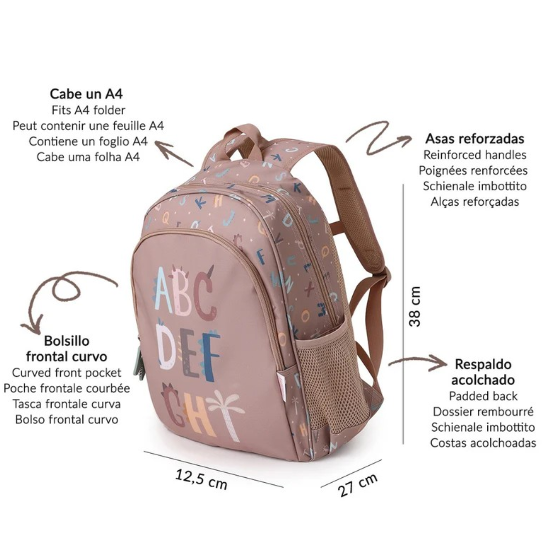 Mochila rosa com letras coloridas e descrições das suas características em vários idiomas.