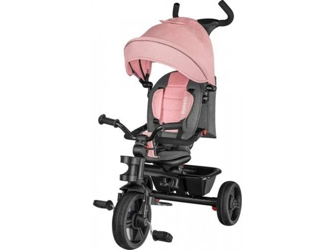 Triciclo infantil cor-de-rosa com capota e assento acolchoado
