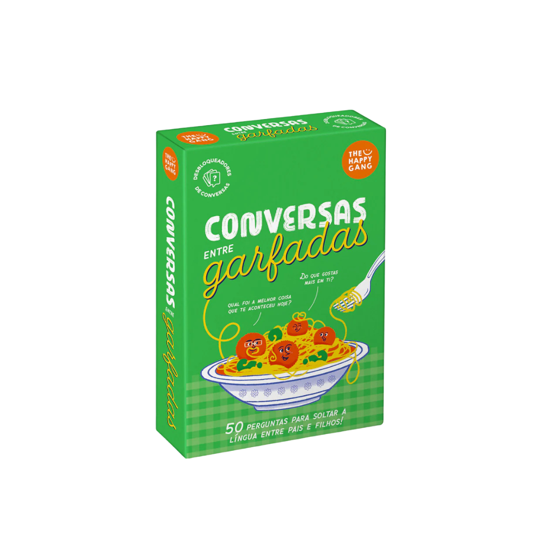 Embalagem verde de jogo Conversas entre Garfadas com ilustração de esparguete e almôndegas expressivas